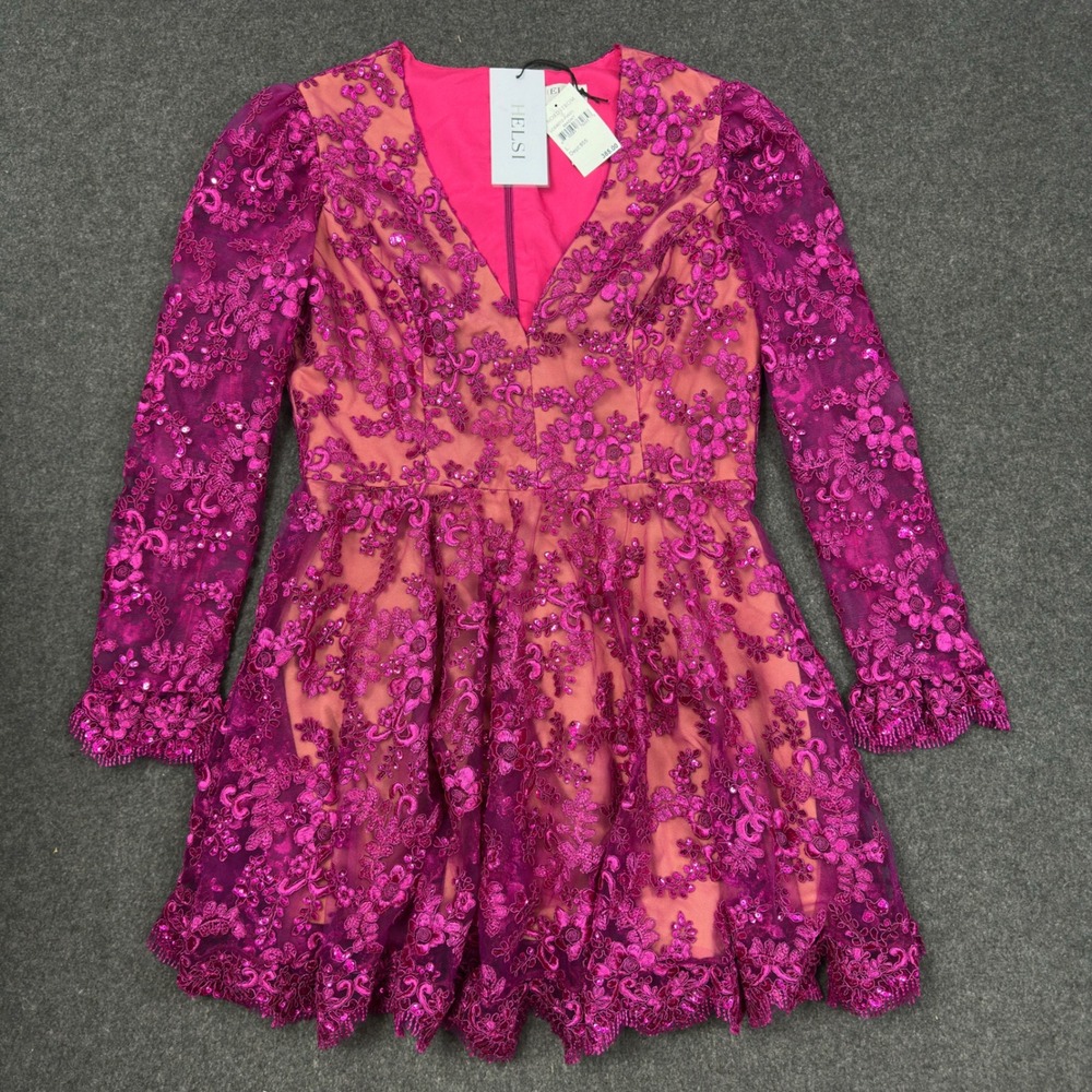 Helsi Magenta Floral Lace Sequin V-Neck Mini Dress Long Sleeve NWT L